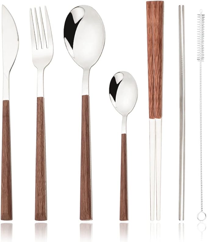 JASHII 24pcs Reusable Flatware Silverware Set, Silver Stainless Steel Knife Fork Spoon Chopstick Straw Set with Square Wooden Handle,Service for 4, Include 1 Brush, Dishwasher Safe.