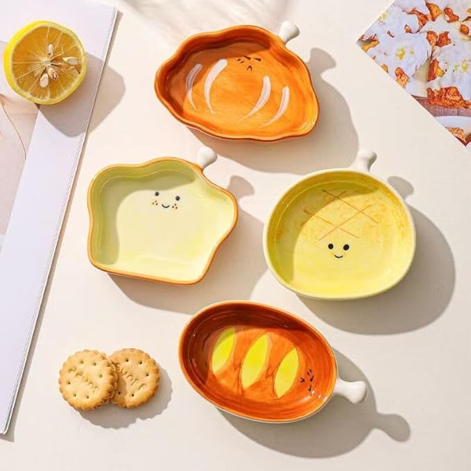 4-Pack Cute Bread-Shaped Ceramic Dipping Bowls, Adorable Mini Sauce Dishes for Soy Sauce,Seasoning, Hot Pot & Sushi, Home Kitchen Tableware Set