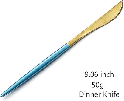 Gugrida Blue Handle Gold Flatware Set, Royal 5 Pieces Matte Blue Handle 18/10 Stainless Steel Dinner Knife Steak Knife 9.06", Camping Cutlery Silverware Travel Utensils Set Tableware