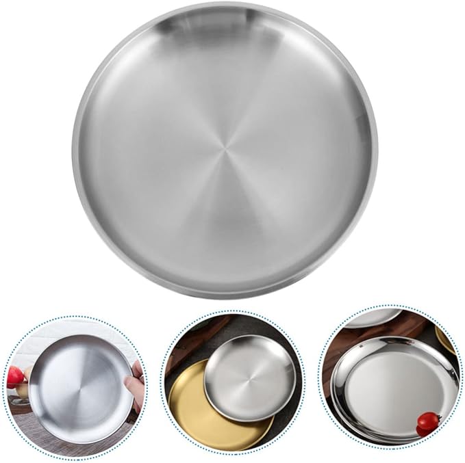 PRETYZOOM 1Pc Thickened Stainless Steel Food Serving Tray Round Grill Plate for Fruits Cakes and Snacks for Picnics Parties and Gatherings Finish