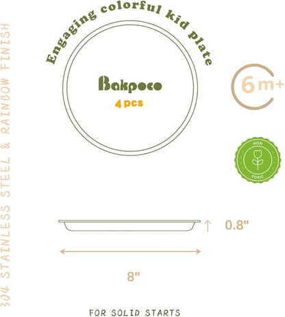 Stainless Steel Kids Plates 4 Packs, 8" Non Divided Toddlers Portion Control Plate, Non Toxic & BPA Free |Unbreakable |Dishwasher Safe Baby Snack Dish for Daycare, Restaurant Outings & Travel
