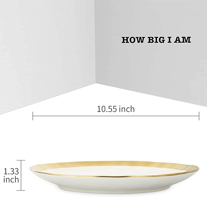 vicrays Ceramic Dinner Plates Set, 10 Inch, Set of 6, Round, Dishwasher Safe, NOT Microwave Safe, Suitable for Steak, Pasta, Home, Party, Restaurant（White with Golden）