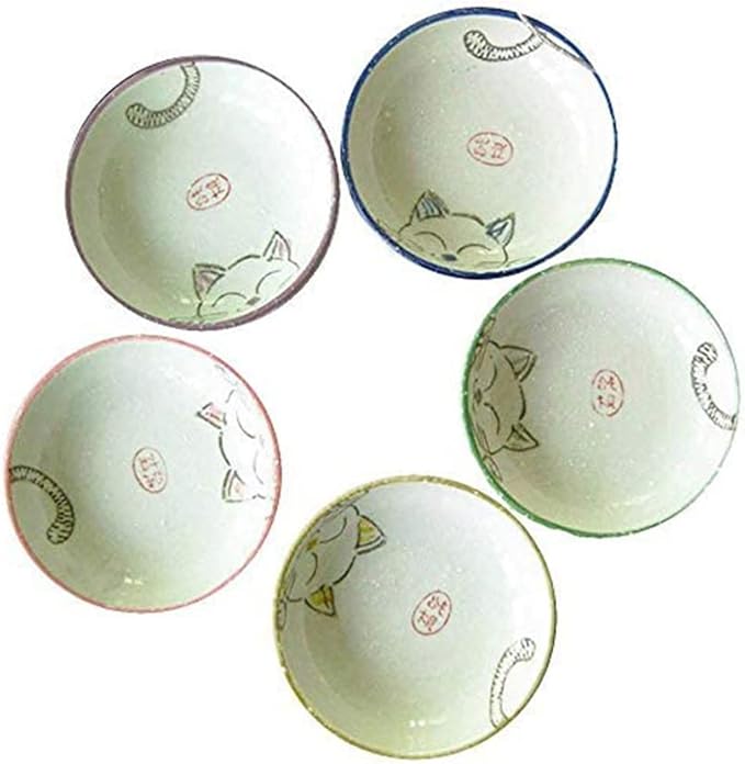 123Arts 5pcs Ceramic Cat Seasoning Dishes Sushi Dipping Bowl Appetizer Plate Dessert Plate