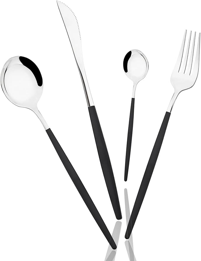 32 pcs Splicing Color handle Cutlery Set, Mirror Silver 18/0 Stainless Steel Flatware Set For 8, Metal Tableware Kitchen Utensils Include Dinner Knife/Fork/Spoon/Teaspoon, Black Silver