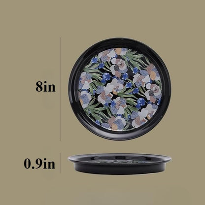 Fruit Bowl Dessert Plate Handmade Flower and Bird Pattern Round Ceramic Tableware Set (Black - two pieces)