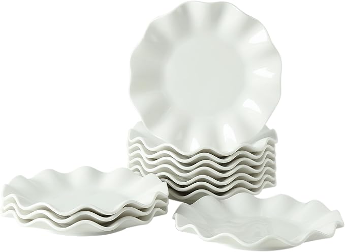 TAMAYKIM 12 Pieces 7 Inch Porcelain Dessert Plates, Wavy Rim Appetizer Dinnerware Sets, Small Dinner Plates, Scratch Resistant, Microwave, Oven and Dishwasher Safe, White