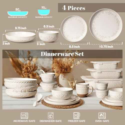 4 Piece Handcrafted Ceramic Dinnerware Set with Pasta Bowls (Damask Floral (4 Pieces) (White))