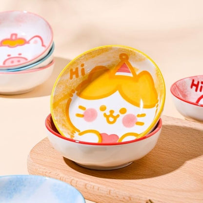 Cartoon Cat Dog Pig and Rabbit Pattern Mini Ceramic Tableware 3.8in Tomato Sauce Plate Sushi Plate Appetizer Plate 4-piece Set