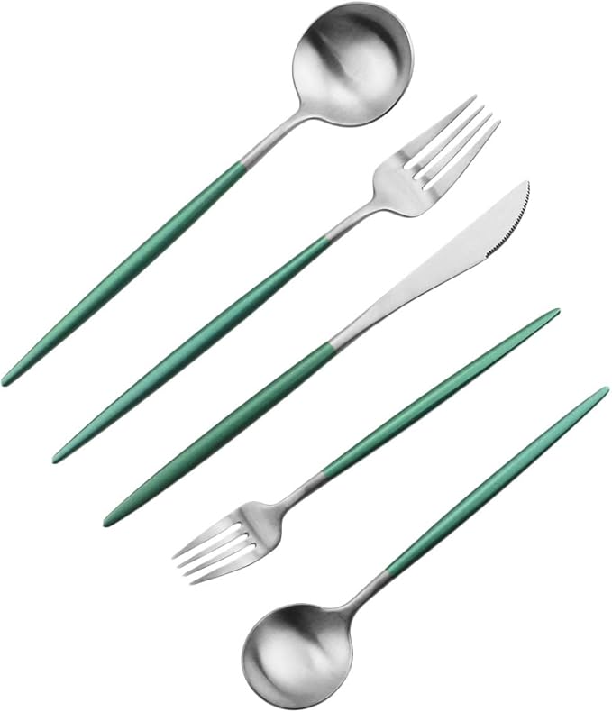 Gugrida Luxury Flatware, Royal 20 Piece Matte White Handle 18/10 Stainless Steel Tableware Sets for 4 Including Forks Spoons Knives, Camping Silverware Travel Utensils Set Cutlery (Green Silver)