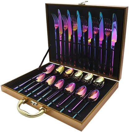 Stainless Steel Flatware serving set,Home Kitchen Eating Tableware Set,Dishwasher Safe,For Home Kitchen Restaurant Hote 24-piece Stainless Steel Cutlery Set Thickened Knife, Fork And Spoon(Gold)(Rainb