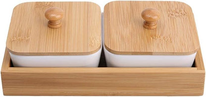 Ceramic Appetizer Serving Plate with Tray Cover, Snack Serving Plate for Fruits Nuts Desserts, BPA - Free White Ceramic Square Bowl with Separate Compartments, Modern Design (Two compartments with