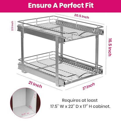 2-Tier Pull-Out Cabinet Organizer for Kitchen, 17" W x 21”D x 16.5" H (17 Inch / Two Tier)