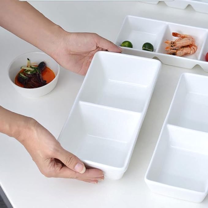 Ceramic cutlery salad bowl White Poecelain Soy Sauce Dish 2 Compartment Appetizer Plate Tray Divided Dipping Sauce Dishes for Sushi Ketchup Appetizer Serving (9.84inch） small bowl