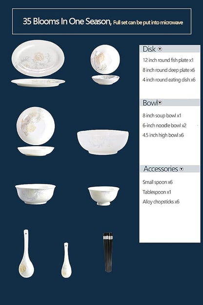 Dinnerware Sets - Luxury Gift Dishes Service Set, 35,56,60PCS Ceramic Dinnerware Set Bone China Tableware Dishes Plates Ceramic Combination Dinner Service Set Porcelaine Service for 10 (35 Pieces)