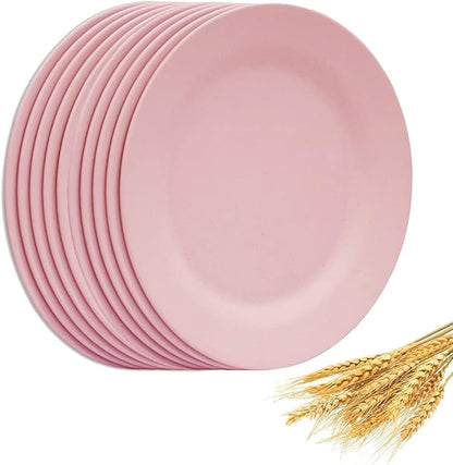 NA Set of 10 Large Dinner Plates 11 Inch, Reusable Wheat Straw Dessert Dishes, Round Pasta Salad Serving Plate, Unbreakable Kids Fiber Tableware for Party Steak Pizza (Pink)