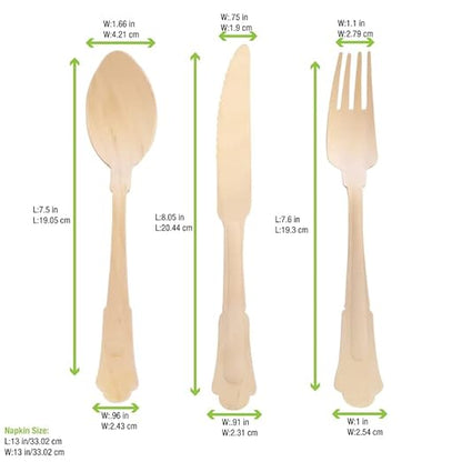 PacknWood 210WRENK44-Wooden Cutlery Set for Serving-Biodegradable Bamboo Perfect for Serving,Silverware set,Tasting or Eating-Wood Cooking Set [Fork,Knife,Napkin & Spoon] (“8.5” in)-(Case of 100)