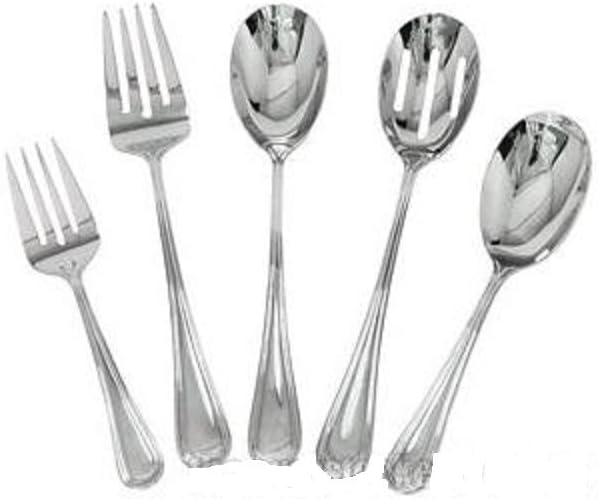 Complete Elegant Regency Line 5-Piece Flatware Serving Set, Utensil Serving Set, Buffet Banquet Serving Spoons (RE-115), Serving Forks (RE-119), 18/8 Gauge Stainless Steel, Stainless Steel Oval Platter (OP-16)