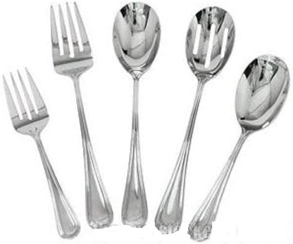 Complete Elegant Regency Line 5-Piece Flatware Serving Set, Utensil Serving Set, Buffet Banquet Serving Spoons (RE-115), Serving Forks (RE-119), 18/8 Gauge Stainless Steel, Stainless Steel Oval Platter (OP-16)