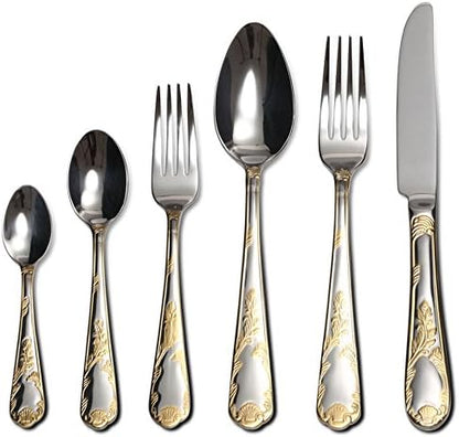 Venezia Collection 75-Piece Fine Flatware Set, Silverware Cutlery Dining Service for 12, Premium 18/10 Surgical Stainless Steel, 24K Gold-Plated Hostess Serving Set (Hampton)