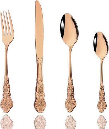 JASHII 4-Piece Silverware Set, Stainless Steel Flatware Cutlery Eating Utensils Service for 1, Unique Elegant Pattern, Mirror Polished, Dishwasher Safe (Rose gold)