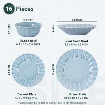 HOMBENE Dinnerware sets, 16 Piece plates and bowls sets for 4, Ceramic dish set, Porcelain dish set, Farmhouse premium kitchen decor, Microwavable safe, Celestial Blue