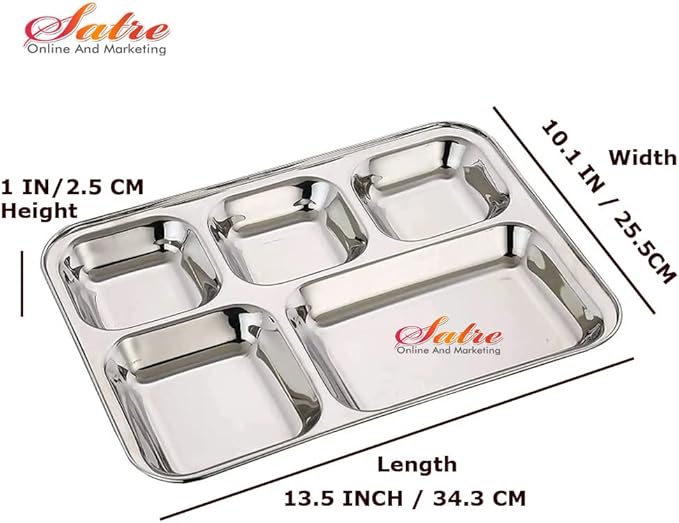 Satre Online and Marketing Stainless Steel Rectangle/Square 5 Section Compartment Lunch Plate Tray Set of 2
