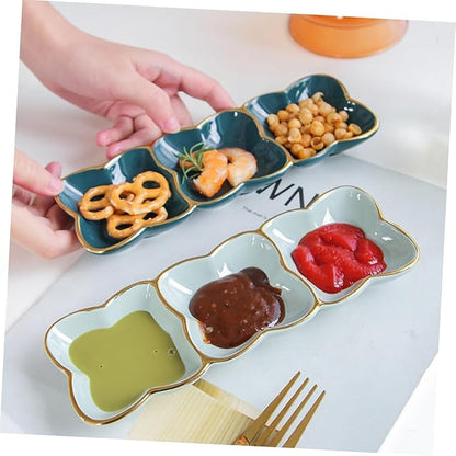 Amosfun Ceramic Three-Compartment Sauce Dish Divided Dipping Plate for Condiments Gold-Trimmed Tableware for BBQ Appetizers and Sauces