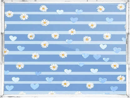 Serving Tray with Handles Clear Acrylic Tray 12x16 Inch Decorative Rectangular Tray Organizer for Ottoman Coffee Table Bathroom Blue Striped Hearts and Daisy