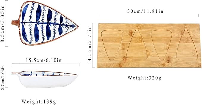 Condiment Tray Japanese Style Leaf Shape Ceramic Sauce Dishes 3.35 Inch Condiments Dish Dipping Plates Soy Sauce Vinegar Appetizer Dishes or Seasoning（with Tray） Dip Sets(D)