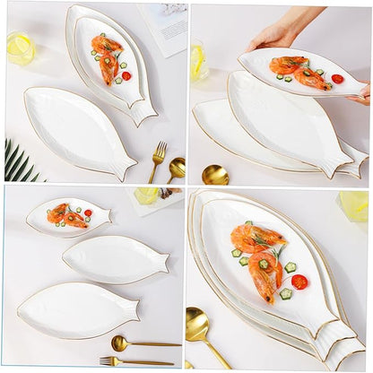 STOBAZA Ceramic Fish Serving Plate Gold Trim Decorative Dish for Appetizers and Snacks for Home Use and Entertaining Elegant Steaming Plate for Fish Dishes