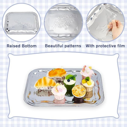 DICOSMETIC 5Pcs Large Silver Serving Trays Set 16.14x12.2x0.39 Inch Stainless Steel BBQ Grill Trays Rectangle Flower Engraved Tray Metal Serving Platter for Food Cookies Desserts Table Party Home