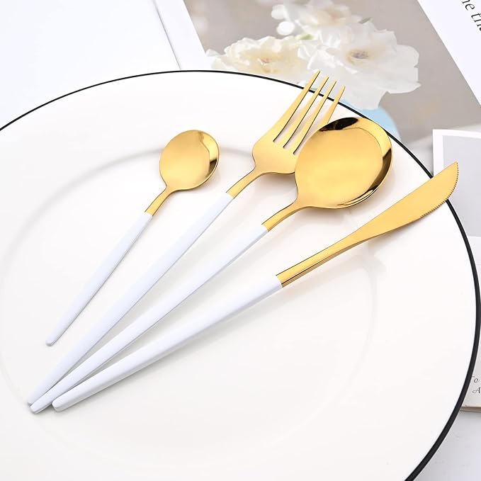 Mirror Cutlery Serving Set, 24-piece 18/0 Stainless Steel Silverware With White Handle Simple & Modern Tableware For Home Party Restaurant Christmas Dinner, Service For 6 (White Gold)