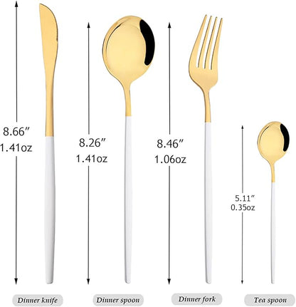 8-Piece Picnic Tableware Set, Mirror 18/0 Stainless Steel Couple Cutlery Set Include Knife, Fork, Spoon, Coffee Spoon, Metal Daily Basic & Classic Utensils For 2 People, White Gold