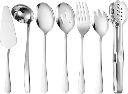 Silver Flatware 7 Piece Stainless Steel Set Includes Serving Spoons, Slotted Serving Spoon, Serving Tongs, Serving Fork, Salad Fork, Soup Ladle, Pie Server