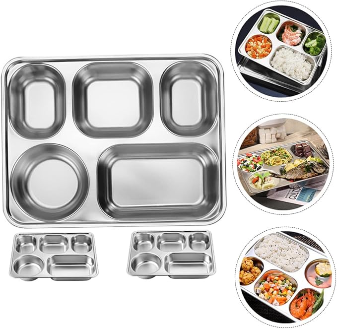 Luxshiny Stainless Plate Divided Serving Tray 3pcs Boys and Girls Cafeteria Tray Lunch Holder