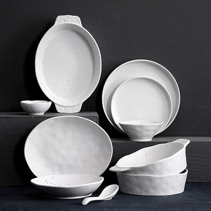 Plates Bowl Ceramic Dinnerware Set,40 Piece Handmade Irregular Dot White Pottery Tableware Service for 6,Porcelain Dinner Dish