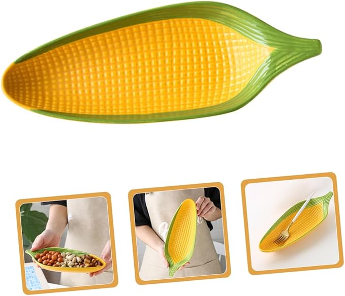 Zerodeko Handpainted Ceramic Corn Dish Non Slip Bottom Appetizer Plate for Snacks Sushi Serving Corn Cob Holders Condiments Tray Microwave Dishwasher