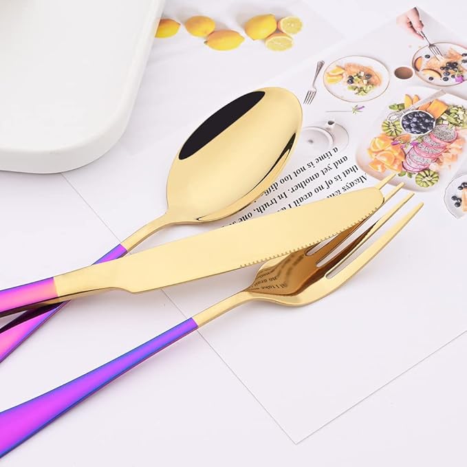 Gold Silverware Set with Shiny Rainbow Handle - 24 Pcs Flatware Cutlery Set for 6 - Spoons Forks Knifes Utensils Tableware Set for Home & Wedding - Mirror Polished and Dishwasher Safe