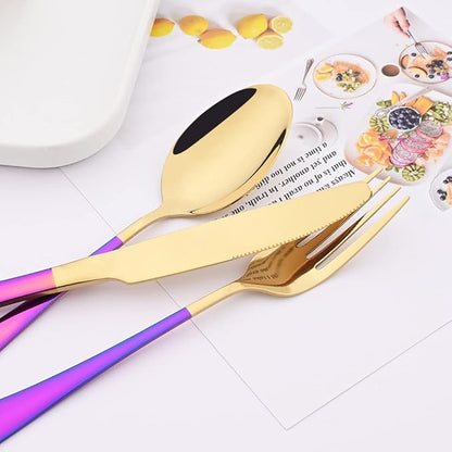Gold Silverware Set with Shiny Rainbow Handle - 24 Pcs Flatware Cutlery Set for 6 - Spoons Forks Knifes Utensils Tableware Set for Home & Wedding - Mirror Polished and Dishwasher Safe