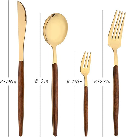 16-Piece Silverware Set with Cake Fork, Gold Stainless Steel Flatware Cutlery Set, Eating Utensils Set with Wooden effect Handle, Include Knife Fork Spoon, Mirror Polished, Dishwasher Safe