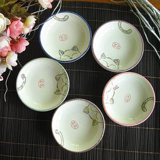 123Arts 5pcs Ceramic Cat Seasoning Dishes Sushi Dipping Bowl Appetizer Plate Dessert Plate