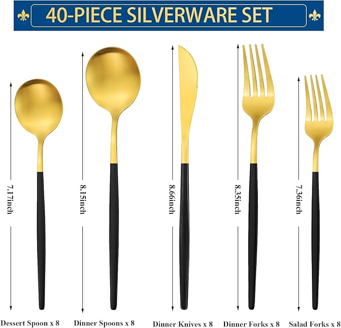 Black and Gold Silverware Set for 8, 40-Piece Matte Handle Flatware, Stainless Steel Cutlery Tableware, Kitchen Utensils Include Spoons and Forks, Dishwasher Safe
