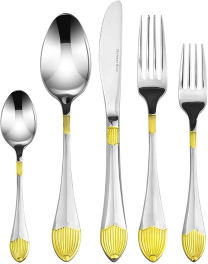 Italian Collection 'Colosseum' 20-Pc Premium Silverware Flatware Serving Set, Service for 4, 18/10 Stainless Steel Gold Plated Dining Flatware