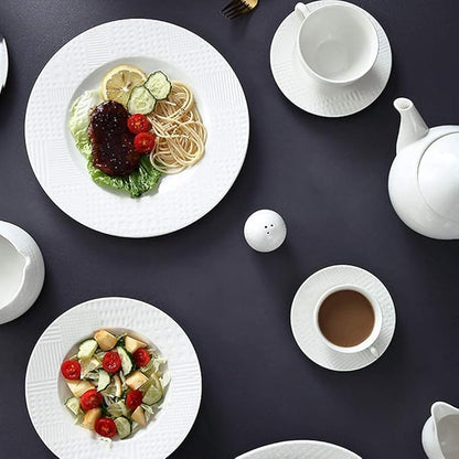 48 Pieces Dinnerware Sets, White Ceramics Dinner Sets, Complete Porcelain Combination with Plates, Bowls, Mugs, Coffee Cups and Tea Pot, Microwave Safe, Service for 6 Per