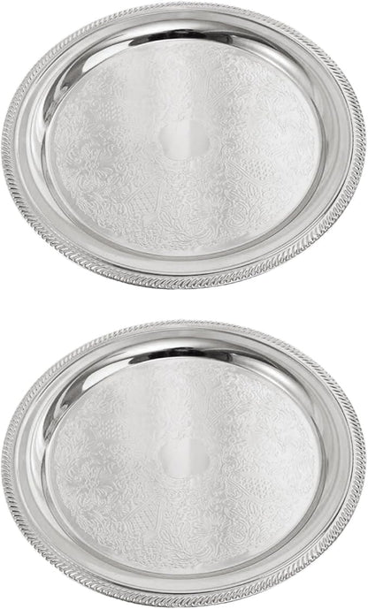 LUOZZY 2pcs Silver Metal Round Serving Tray for Dessert Cake Snacks Afternoon Tea Party