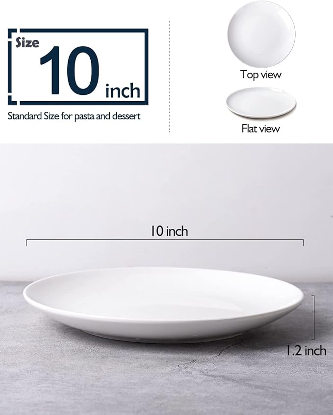 DELLING 10 inch White Dinner Plates Set, Porcelain Dessert/Salad Plate, Serving Dishes, Dinnerware Sets, Scratch Resistant, Lead-Free, Microwave, Oven, and Dishwasher Safe - Set of 4