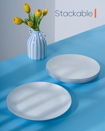 10.5 inch Dinner Plate Set of 6, Lightweight Round Opal Glass Dinnerware Plates, Dishwasher and Microwave Safe, Hand Painted Navy Blue Rim