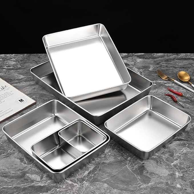 Stainless Steel Serving Tray with Deep Edges, Rectangular Food Platter for Kitchen, Camping, Picnics, School Cafeteria, Dishwasher Safe, Silver(30 * 25 * 5.5)