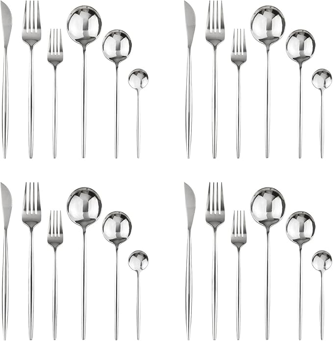 24Pcs Silver Mirror Silverware Flatware Set, 18/0 Stainless Steel Cutlery Set Utensils Kitchen Dinnerware Include Knife Fork Spoon and Teaspoon, Service for 4