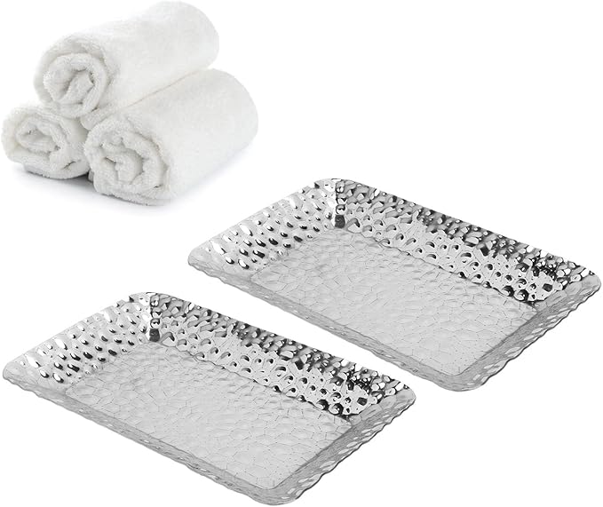 2 Pack Serving Tray, Stainless Steel Rectangular Storage Organizer Decorative Tray, Kitchen Bathroom Vanity Counter Platter, Silver